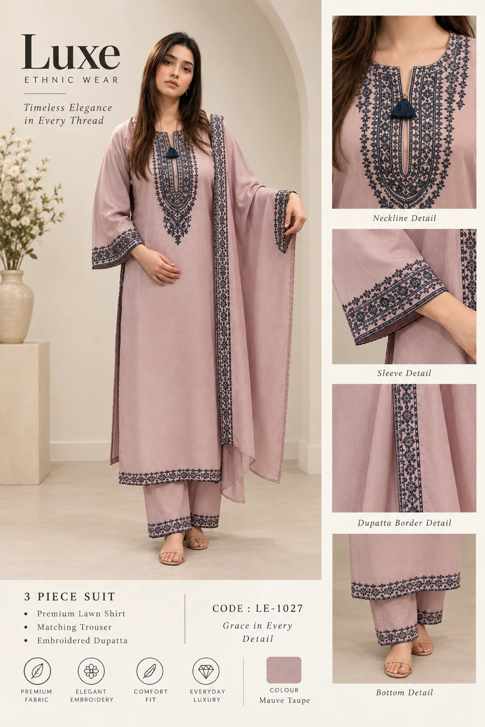 Luxe Ethnic Wear 3 Piece Suit Mauve Taupe