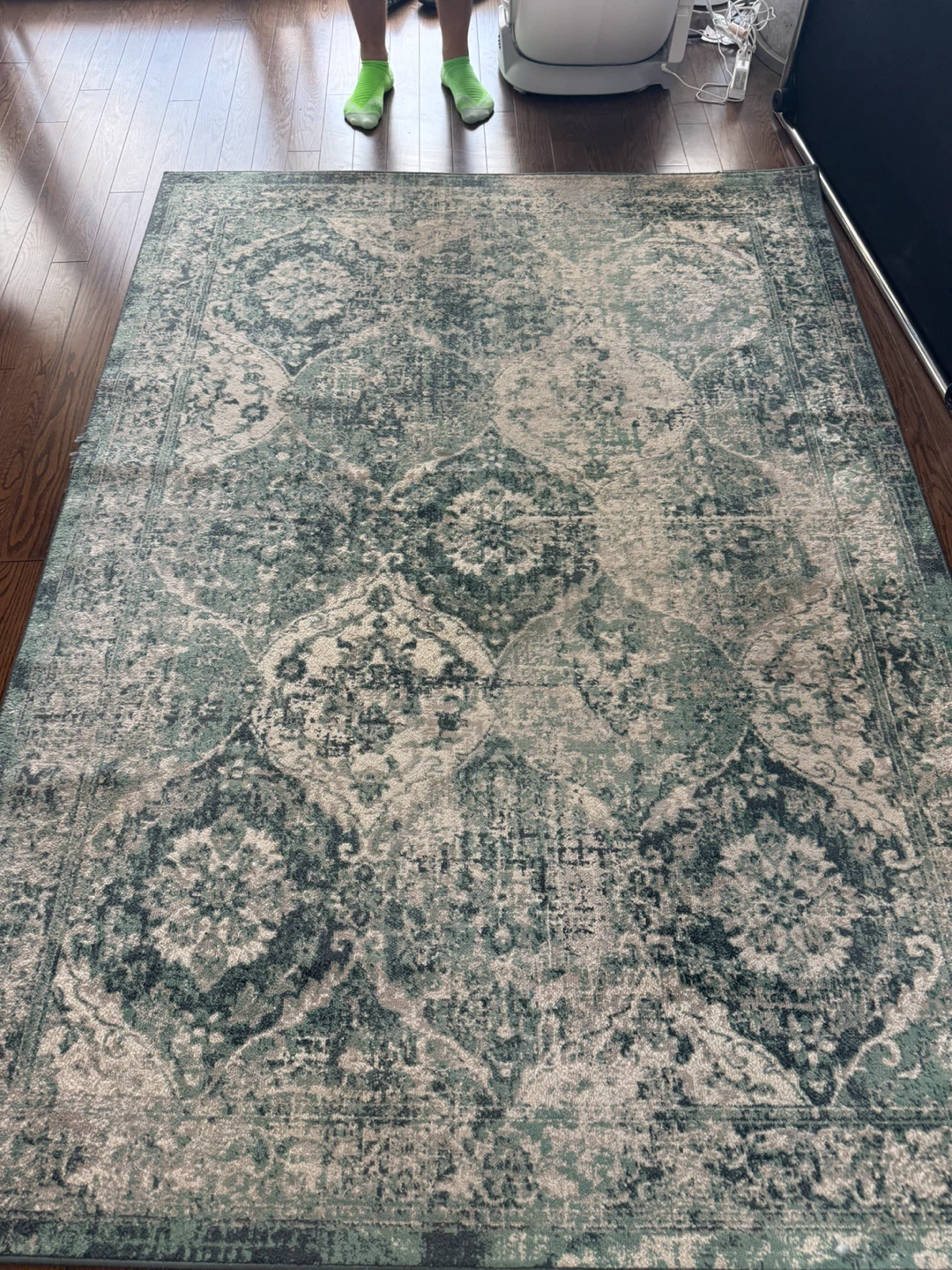 Large Green and Beige Distressed Pattern Rug