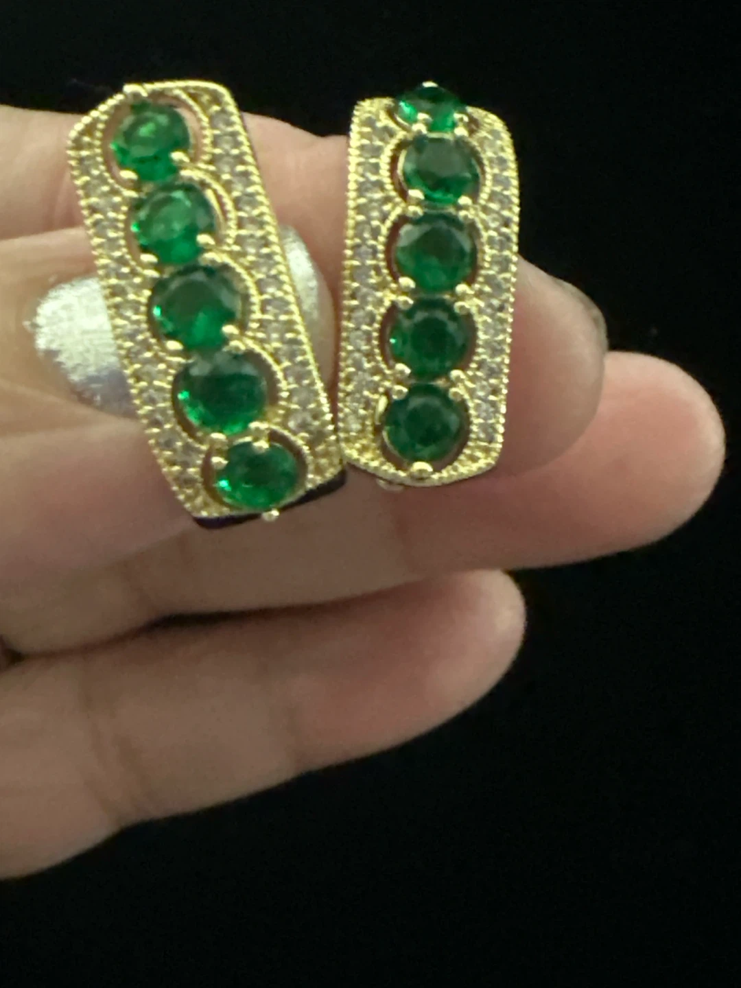 14k Gold-Tone laminated Hoop Earrings with Green Stones