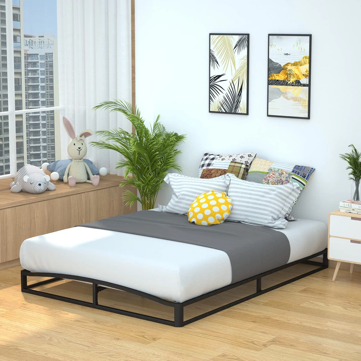 Queen 6" Modern Metal Platform Bed with Wood Slat