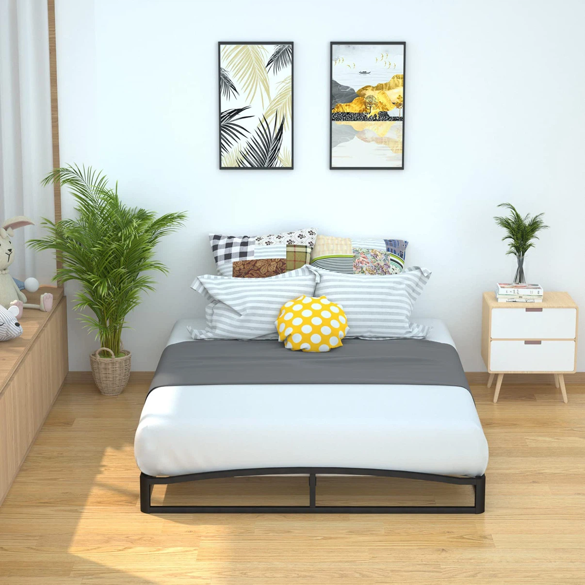 Queen 6" Modern Metal Platform Bed with Wood Slat - photo 3