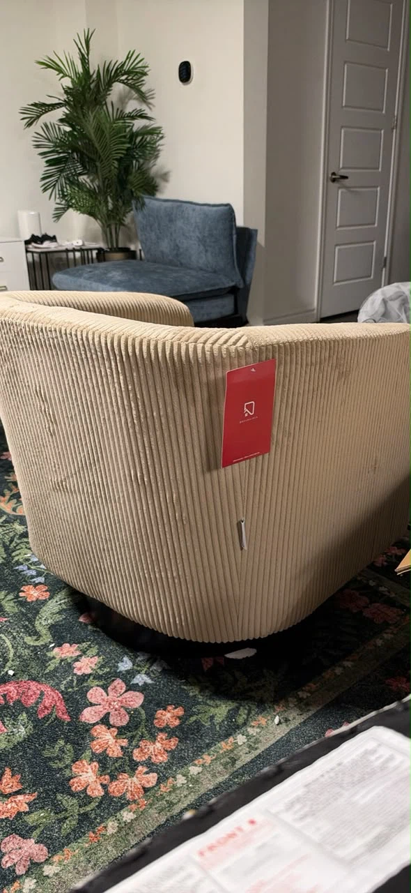 Pair Beige Corduroy Swivel Chairs