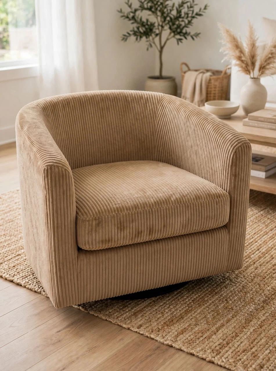 Pair Beige Corduroy Swivel Chairs - photo 2