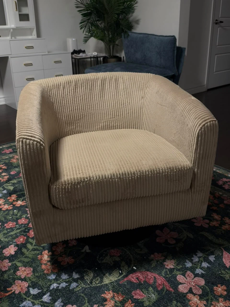 Pair Beige Corduroy Swivel Chairs - photo 3