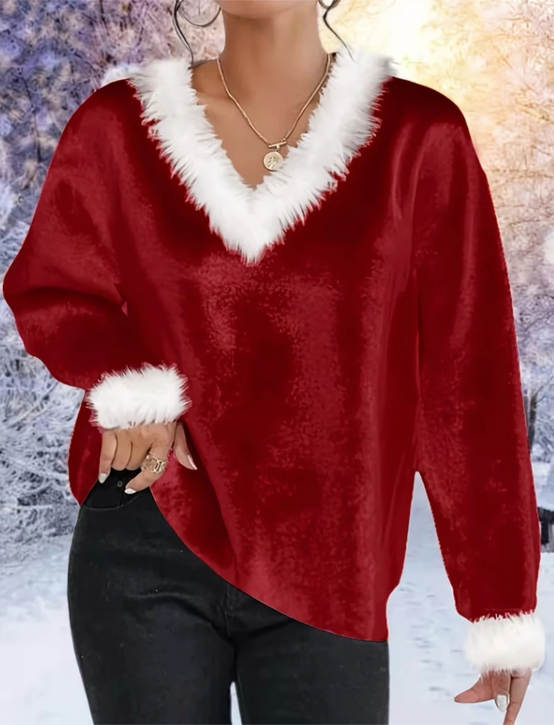 Red Christmas Faux Fur Trim V-Neck Sweater