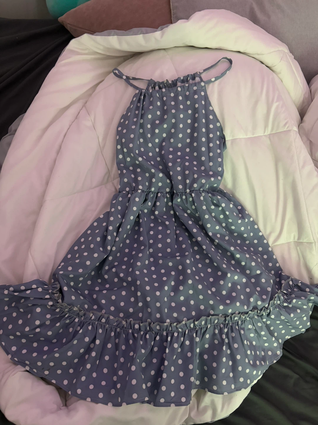 Blue and White Polka Dot Halter Dress