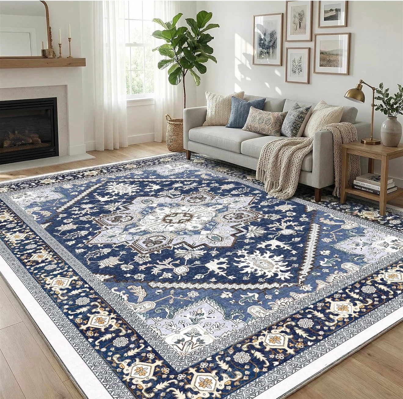 Blue Faux Cashmere Traditional Pattern Area Rug