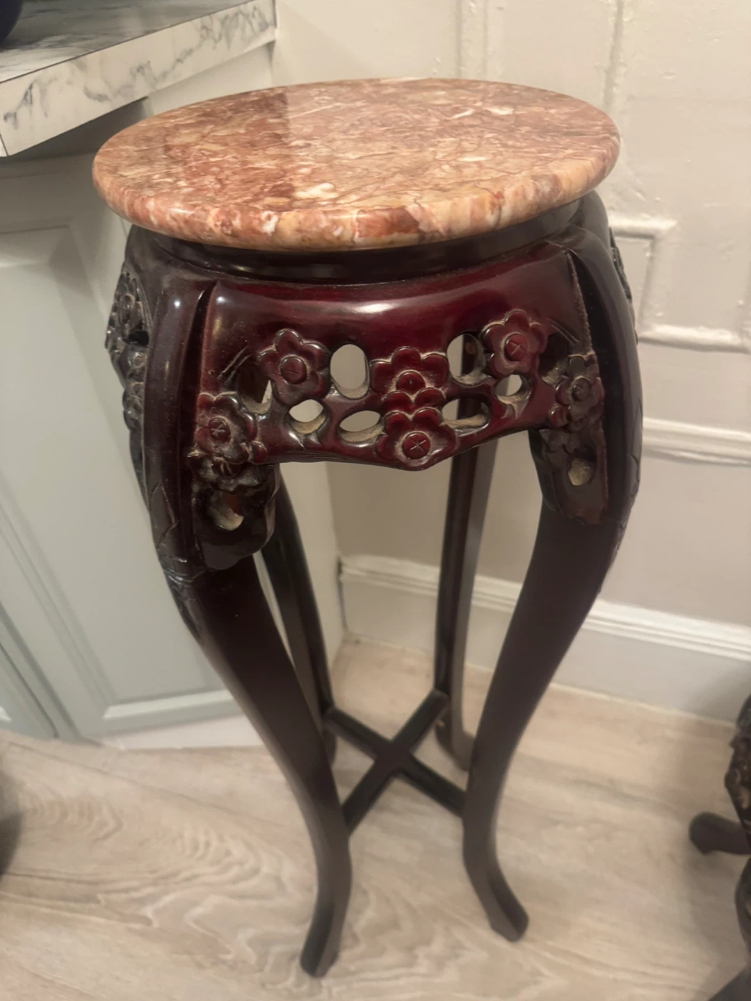 Set of two Chinese rosewood marble top plant stands