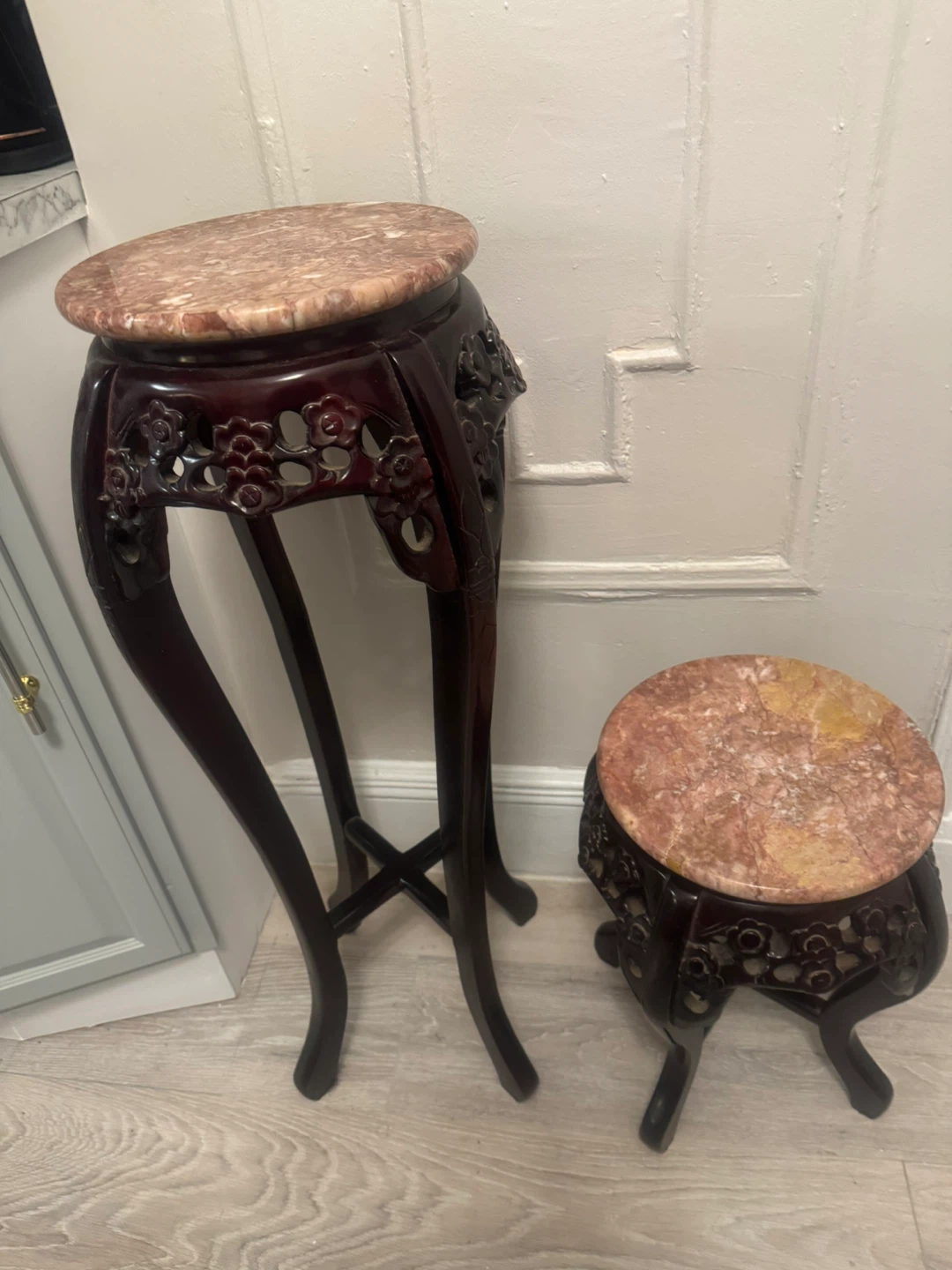 Set of two Chinese rosewood marble top plant stands - photo 4