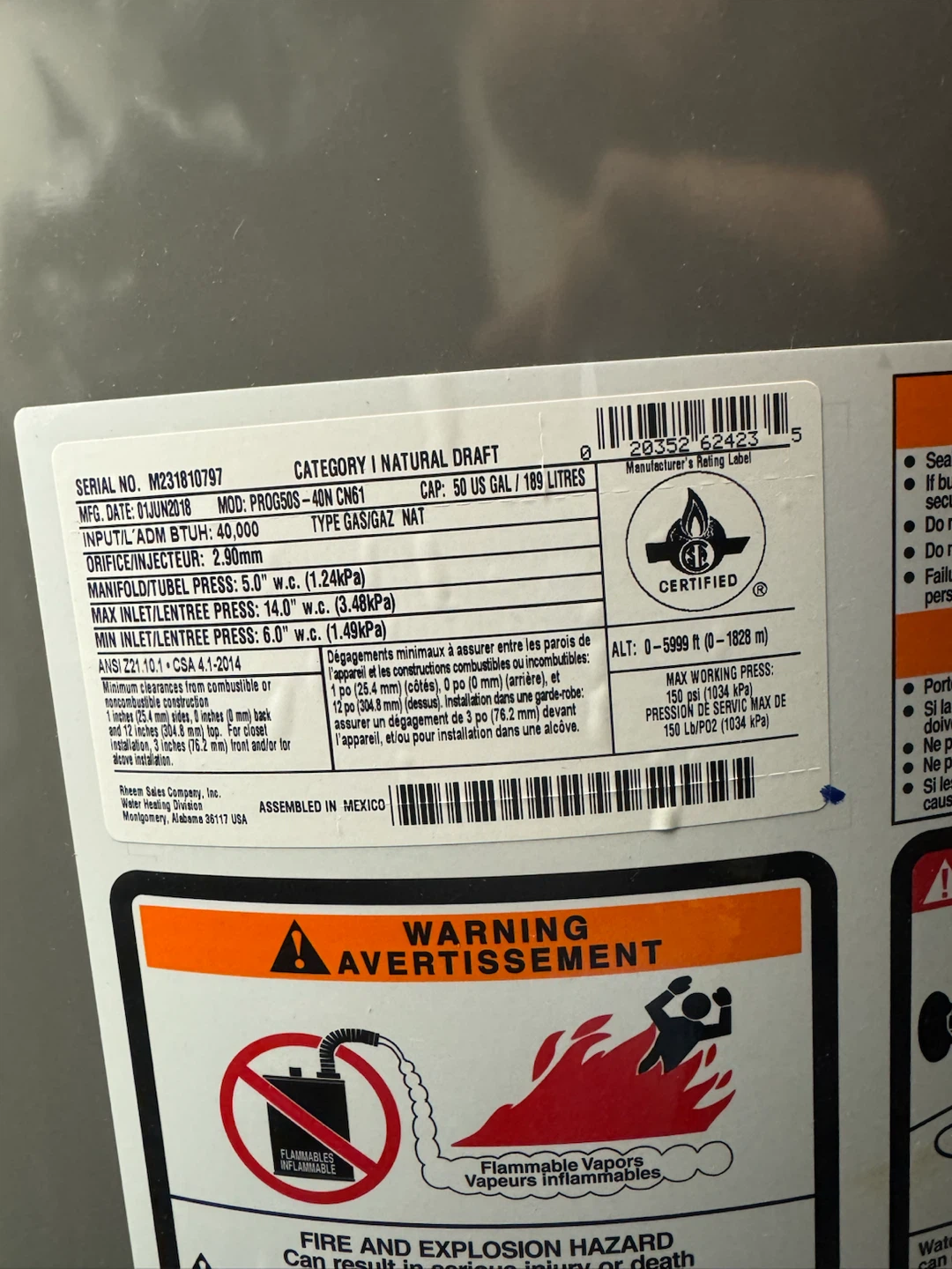 Rheem water heater 50 gal - photo 2
