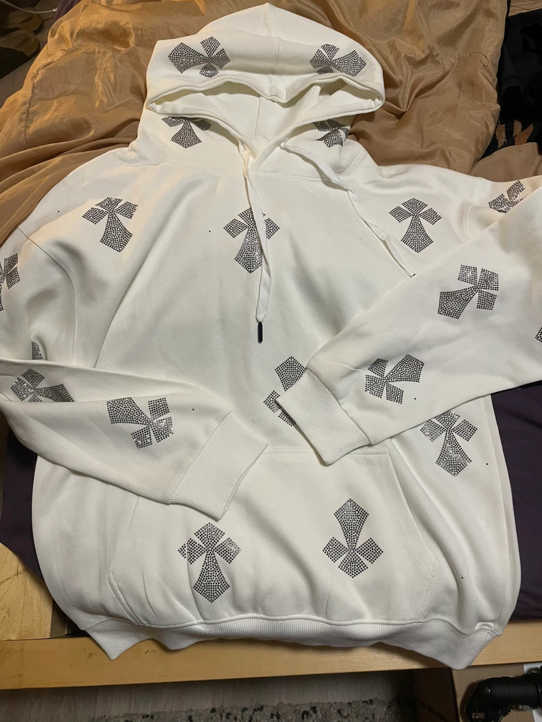 White Rhinestone Cross Hoodie