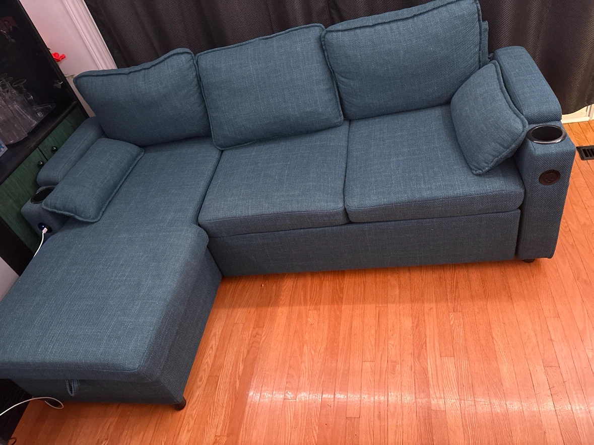 Blue Fabric Sectional Sofa Bed with Built-in Charging