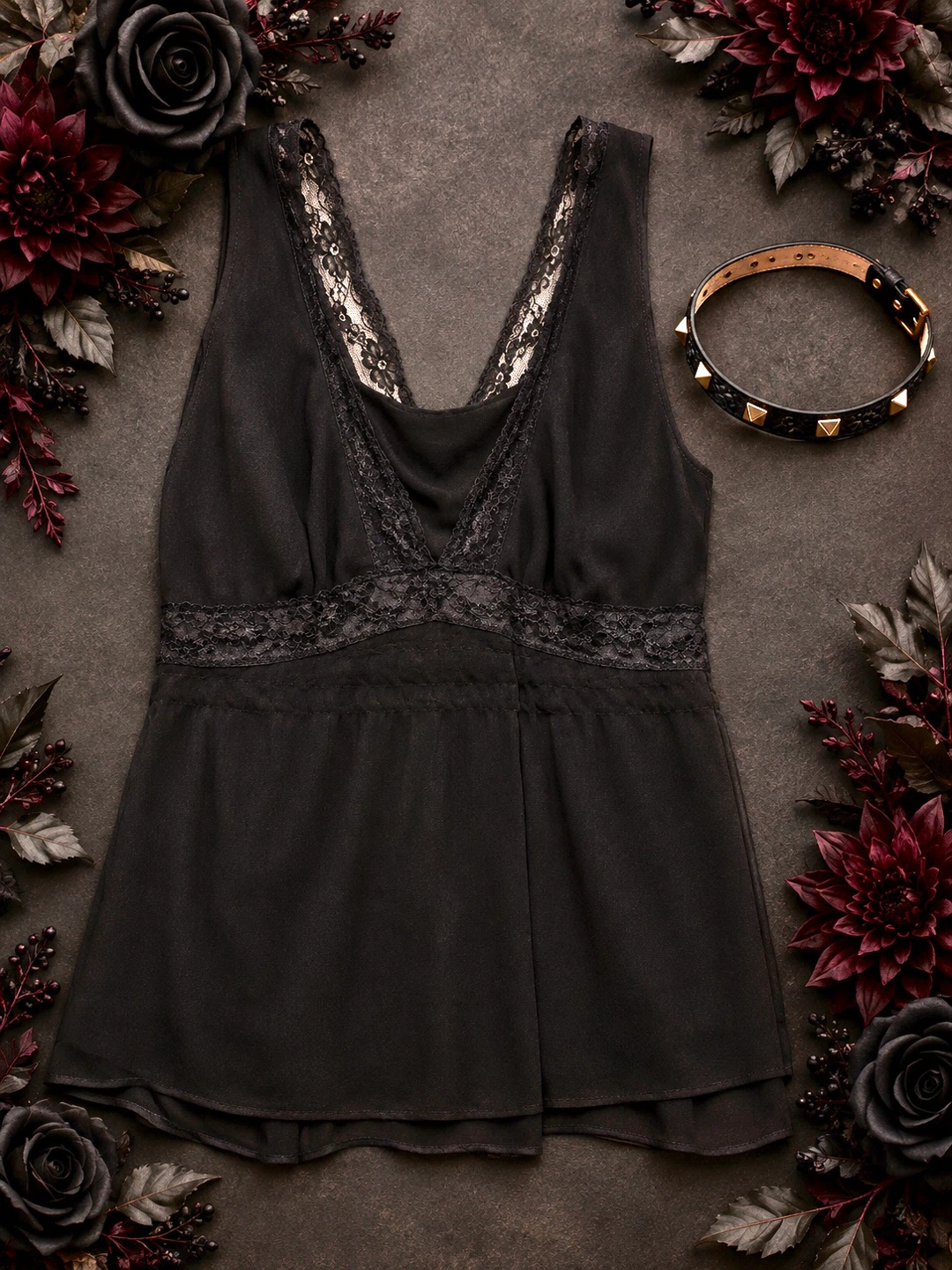 Black Lace Trim Sleeveless Top & Studded Black Choker Necklace