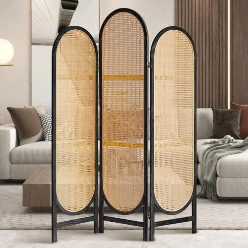 3-Panel Rattan Room Divider Black (NEW)