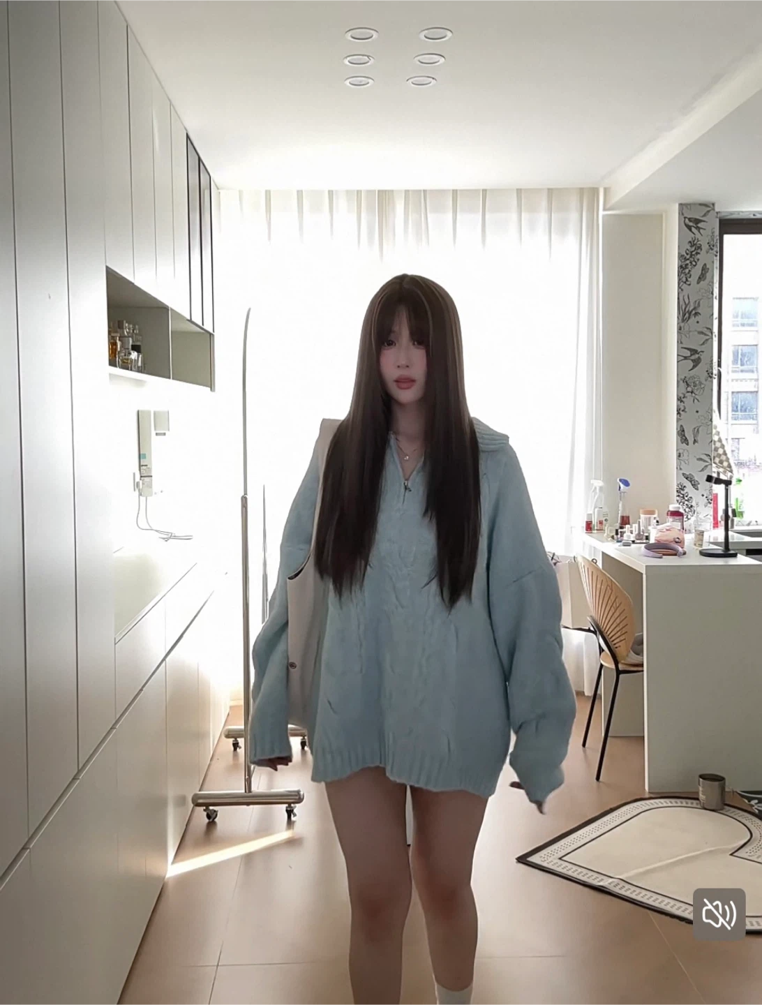 Oversized Light Blue Quarter-Zip Cable Knit Sweater