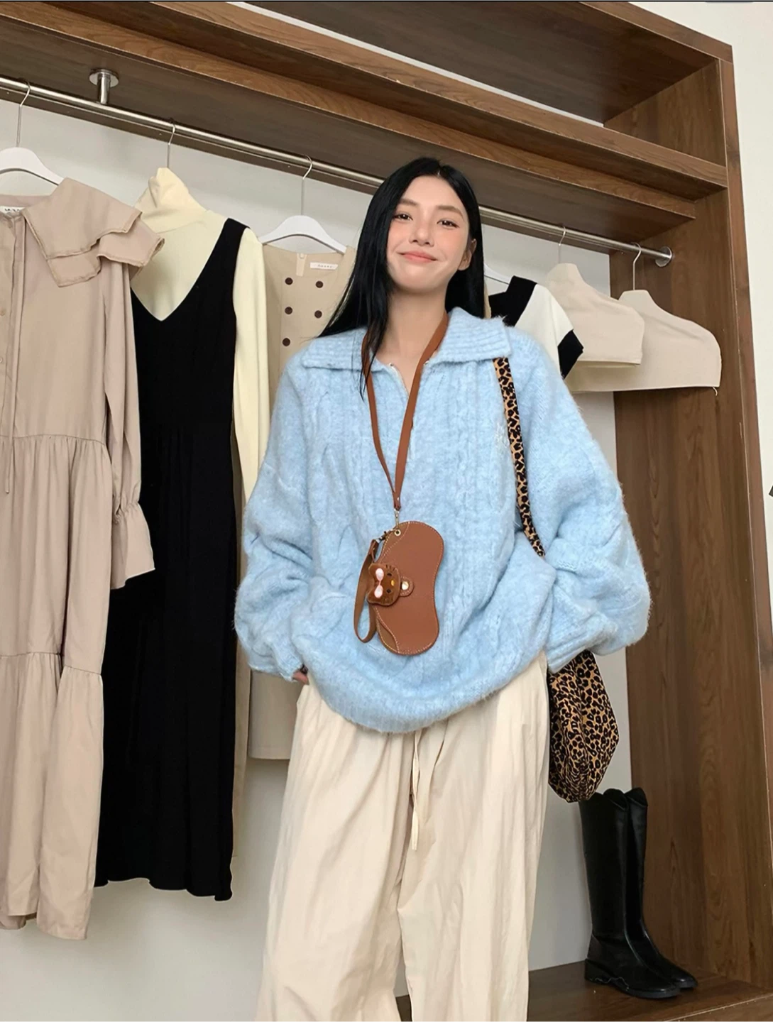 Oversized Light Blue Quarter-Zip Cable Knit Sweater - photo 4