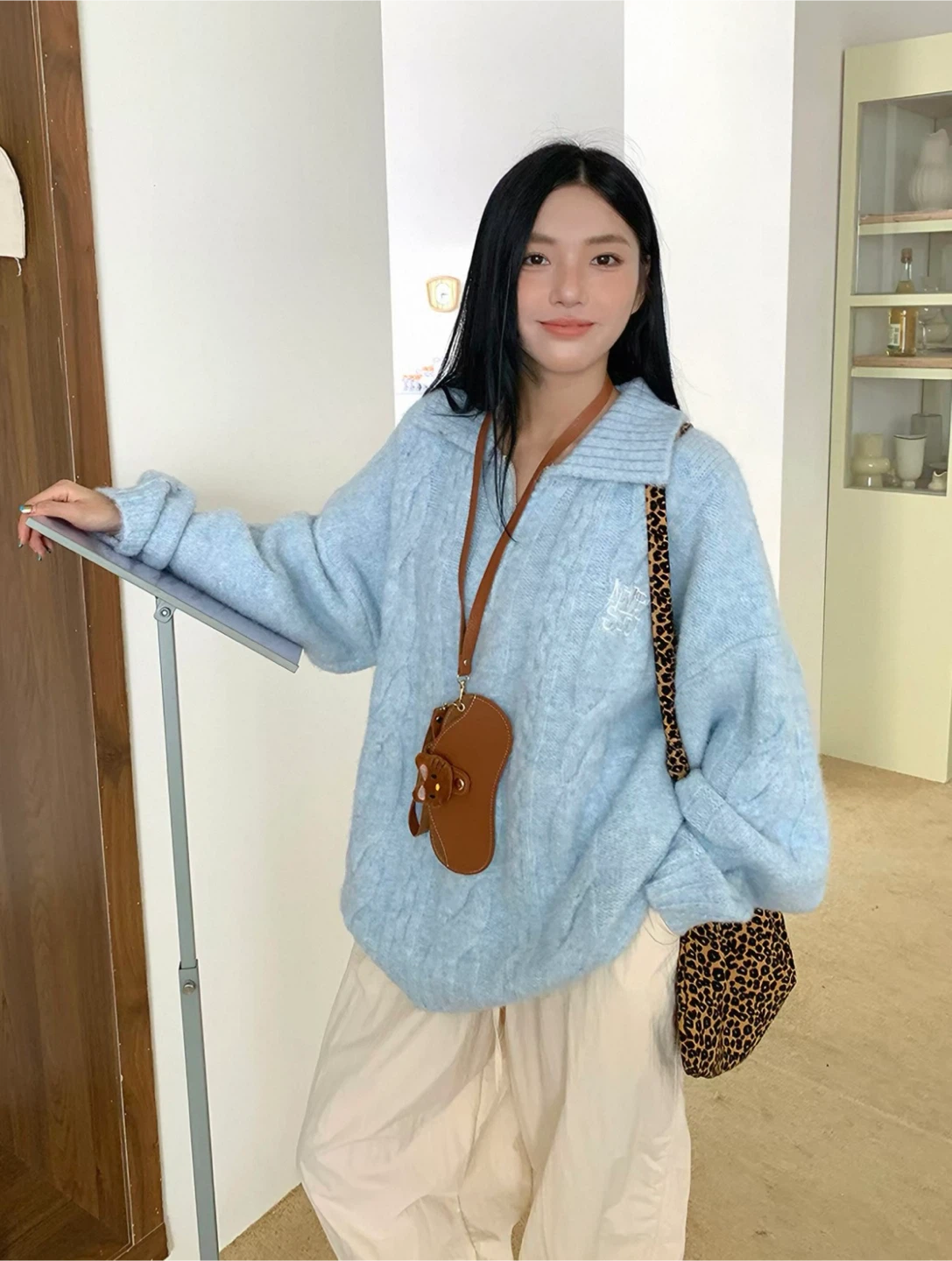 Oversized Light Blue Quarter-Zip Cable Knit Sweater - photo 5