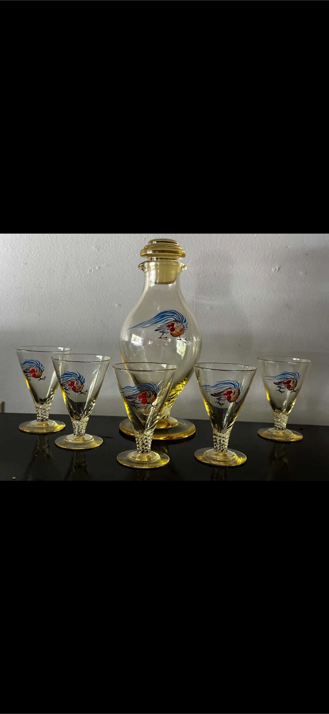 Vintage Czech Art Deco Hand Painted Rooster Decanter Glass Set