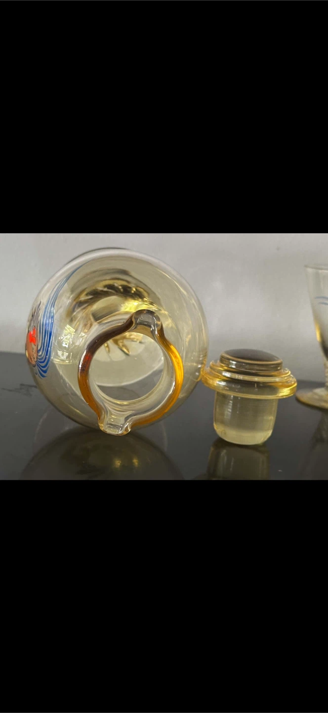 Vintage Czech Art Deco Hand Painted Rooster Decanter Glass Set - photo 2