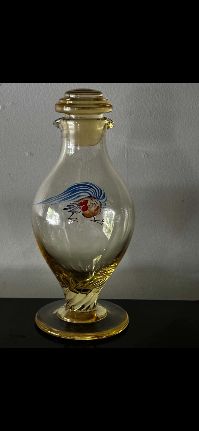 Vintage Czech Art Deco Hand Painted Rooster Decanter Glass Set - photo 5