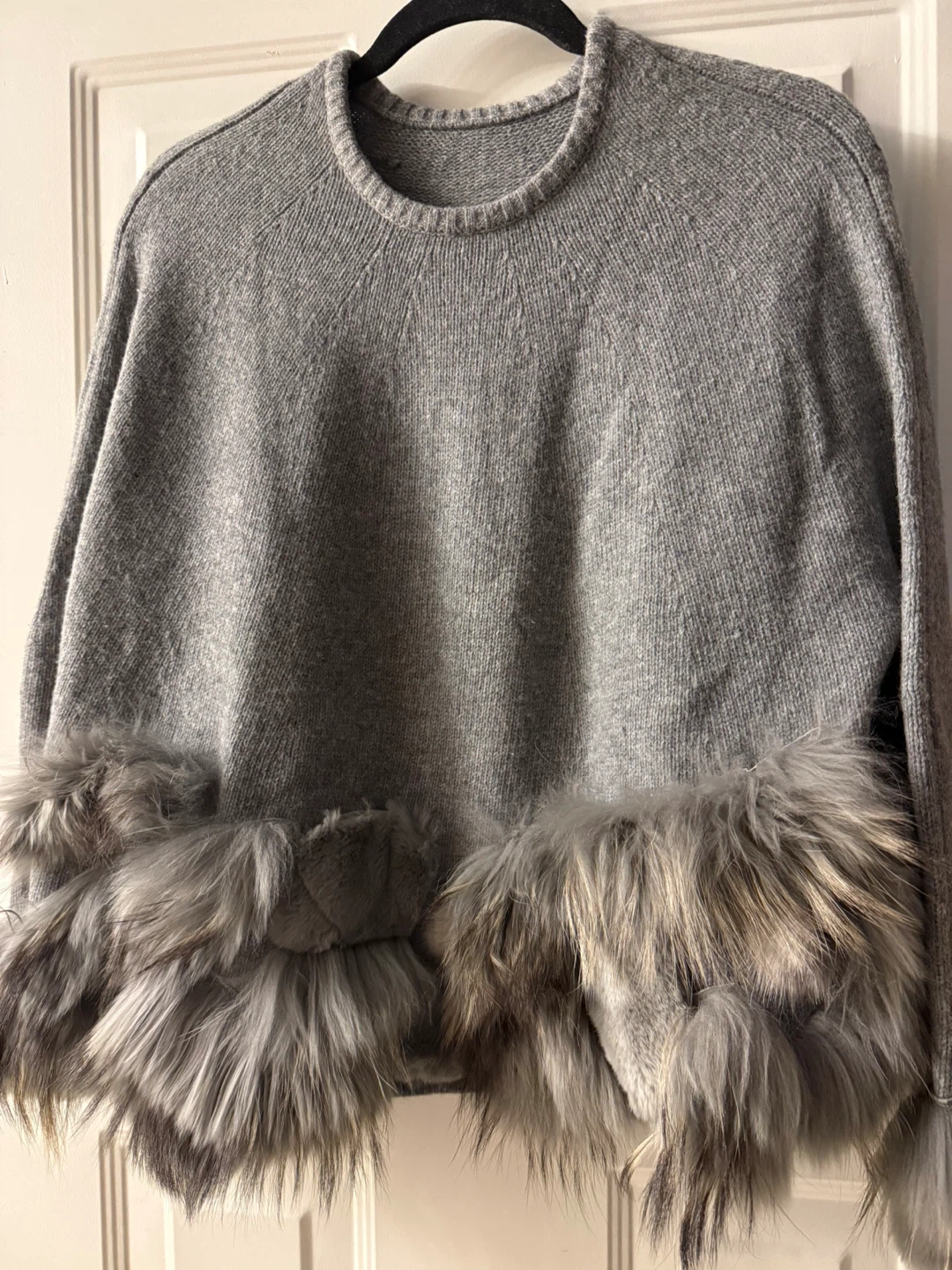 Grey sweater with faux fur detailing