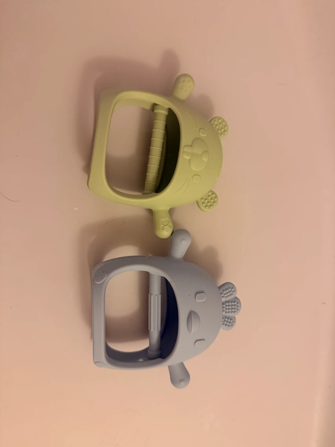 Two silicone baby teething rattles