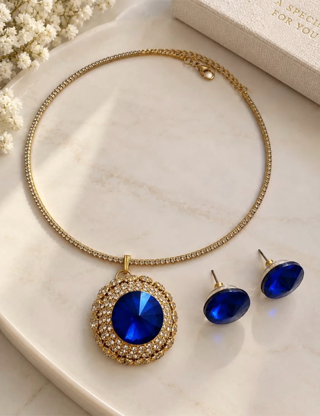 Blue Crystal Pendant Necklace and Earring Set