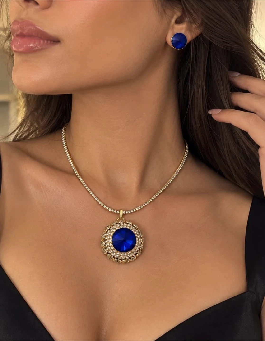 Blue Crystal Pendant Necklace and Earring Set - photo 2