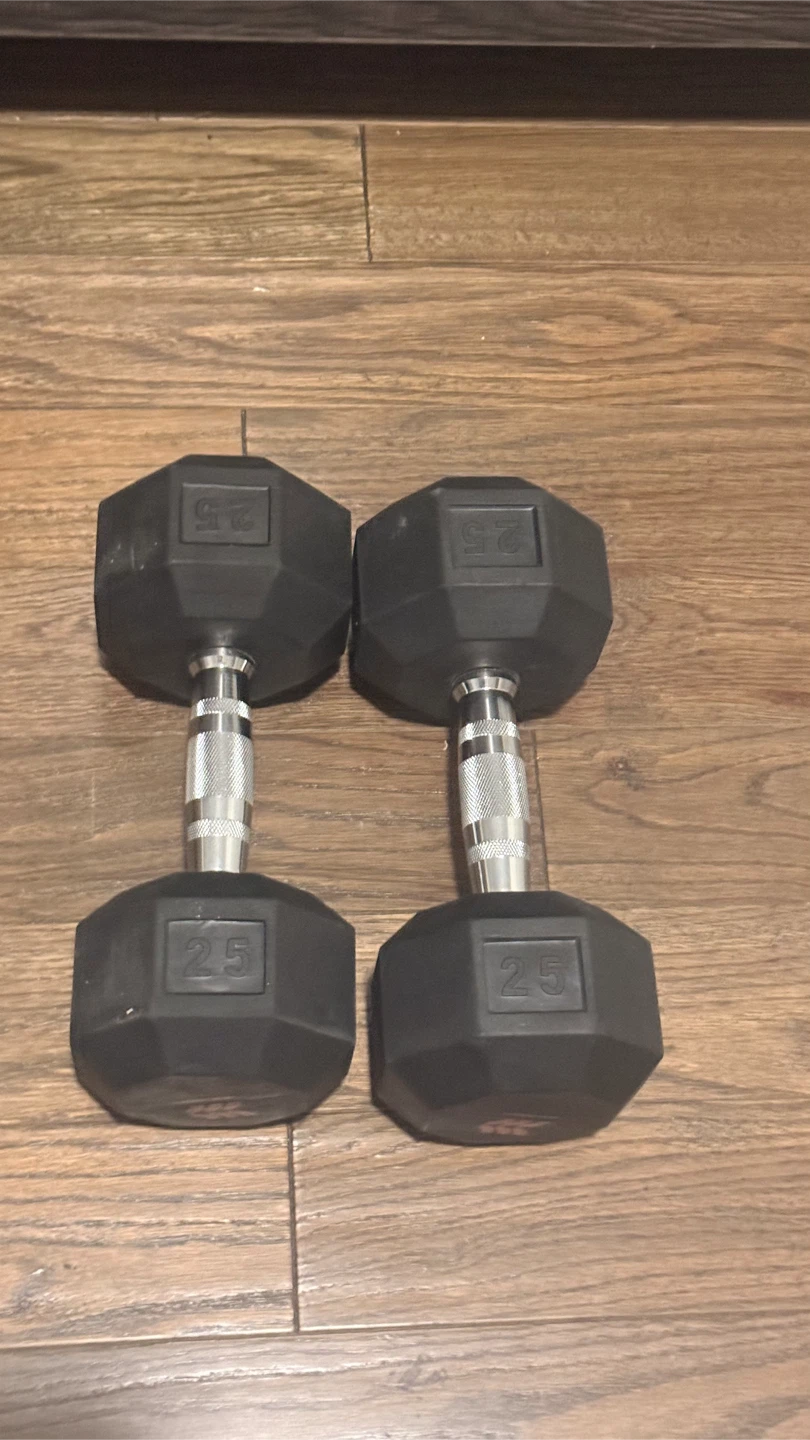 Set of two 25 lb rubber hex dumbbells