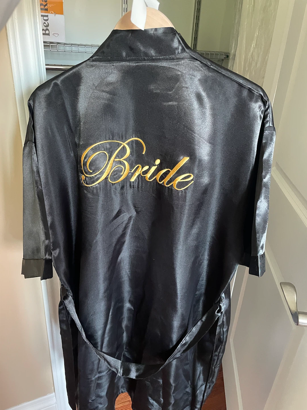 Black Satin Bride Robe and Hanger