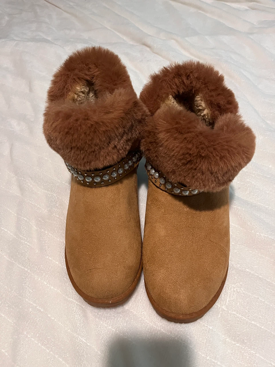 G.N.D. Tan Faux Fur Boots with Pearl Detail - Size 6