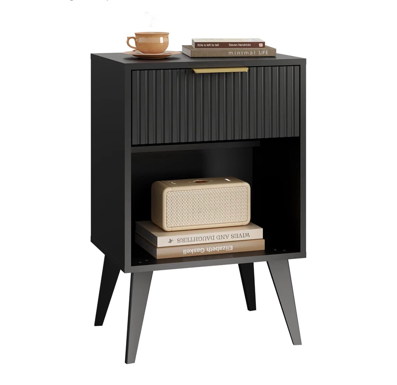 Black Fluted Nightstand with Metal Handle