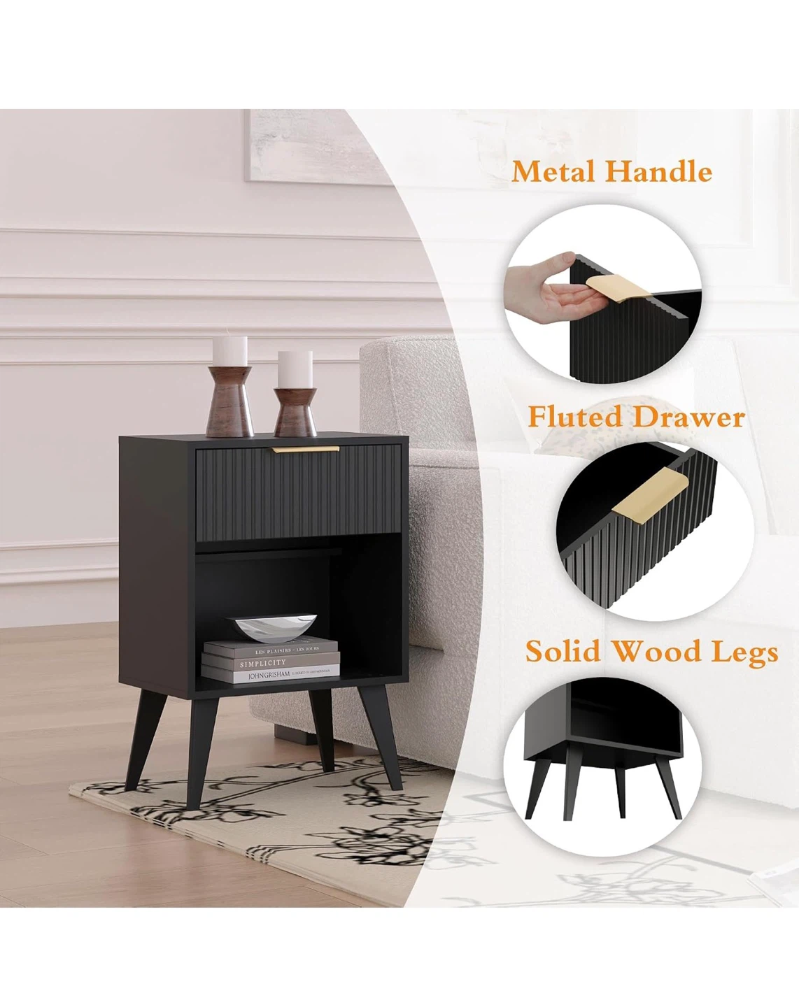 Black Fluted Nightstand with Metal Handle - photo 4