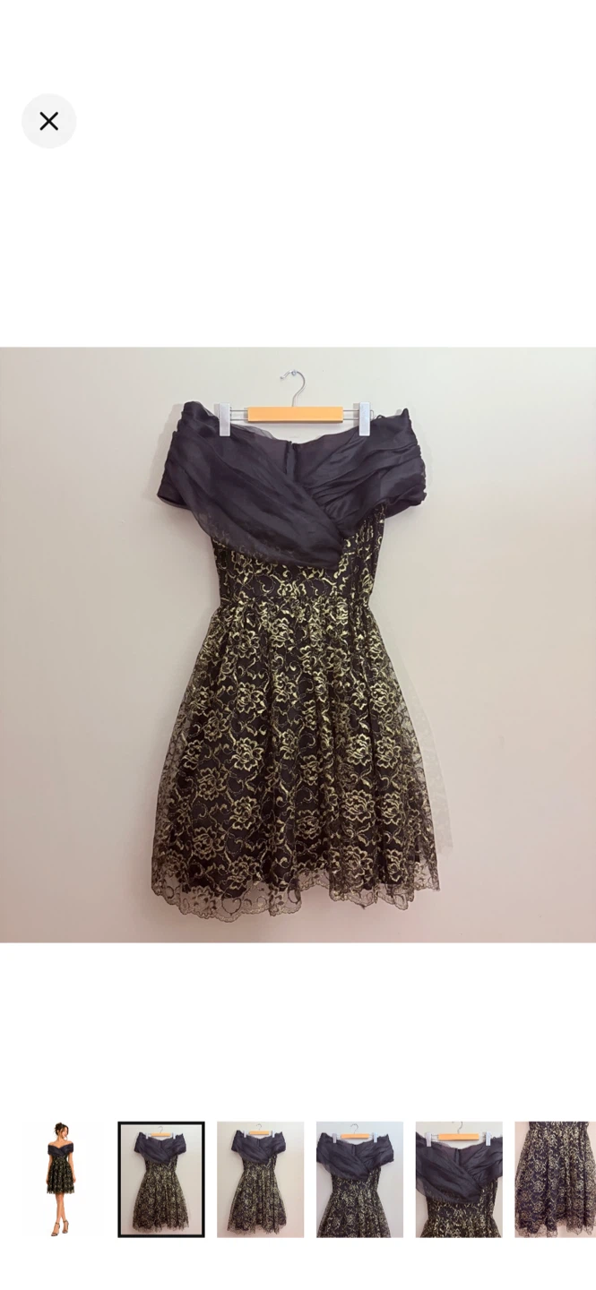 Vintage Black & Gold Lace Off-Shoulder Dress Crinoline Skirt