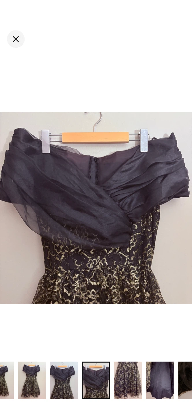 Vintage Black & Gold Lace Off-Shoulder Dress Crinoline Skirt - photo 3