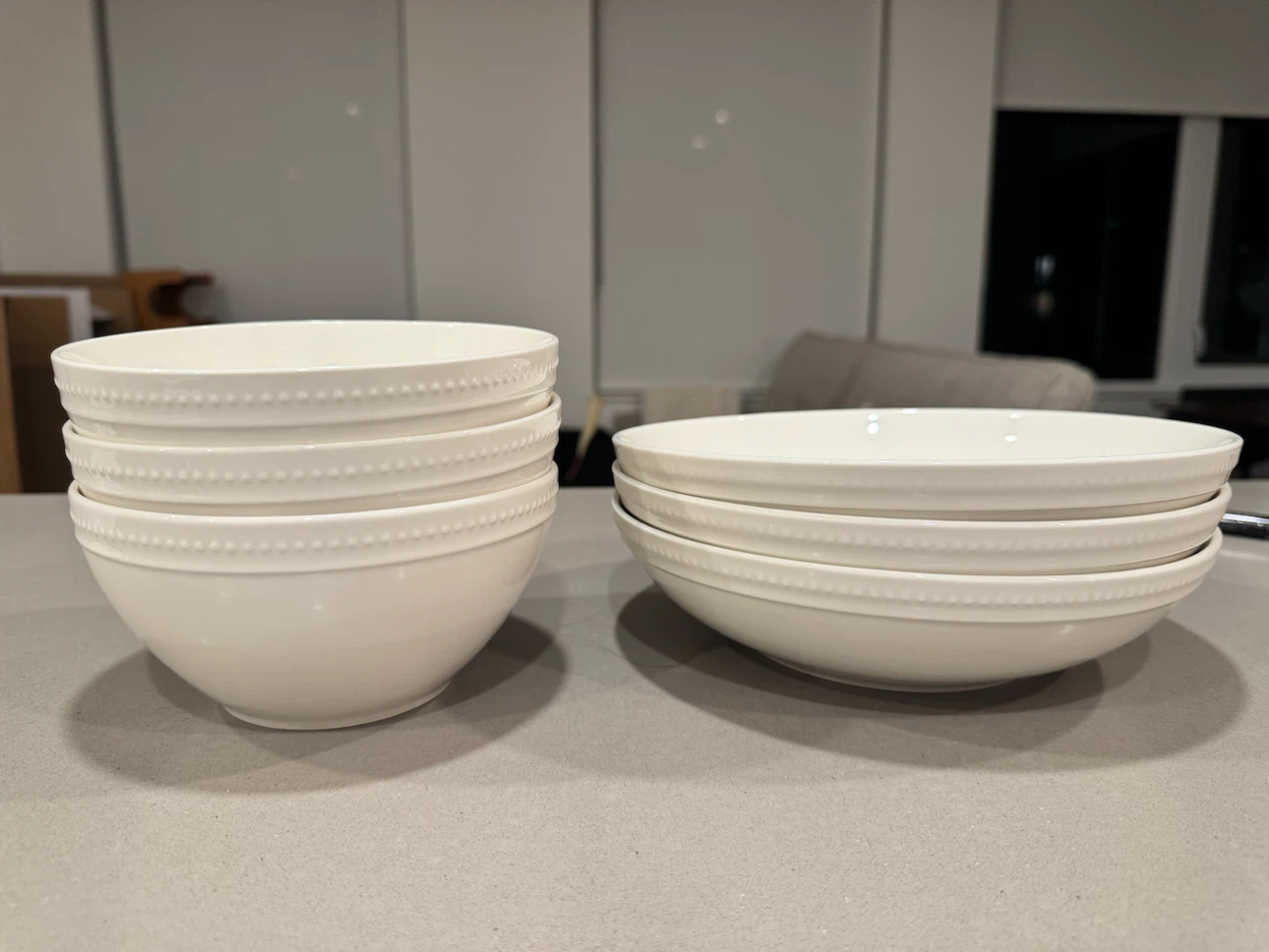 Set of 3 White Beaded Ceramic Bowls and 3 White plates