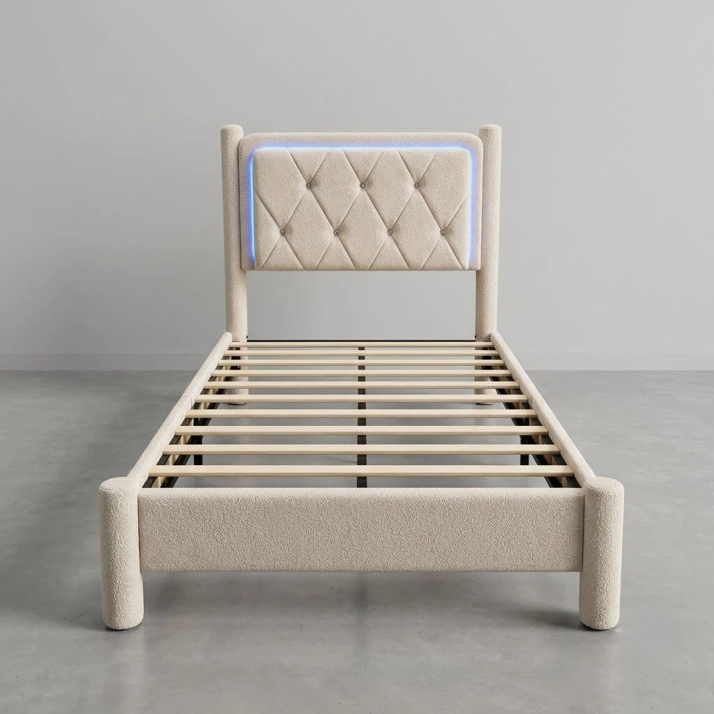 🛏️ Upholstered Single/Twin Bed Frame– Grey & Beige Fabric - photo 2