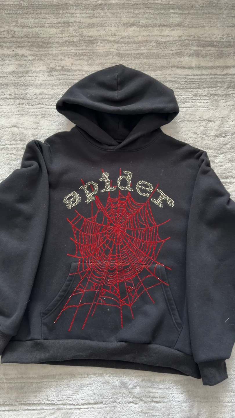 SP5DER Black Hoodie Rhinestone Web