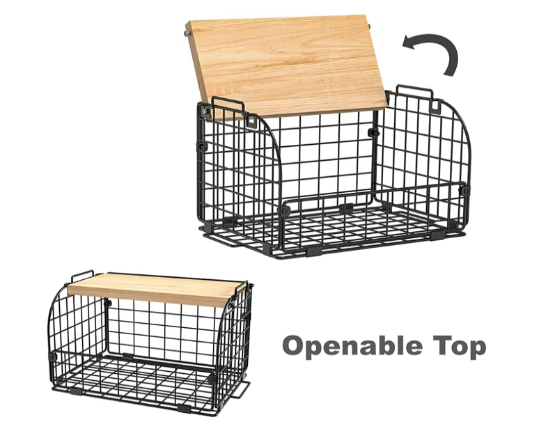 Black Wire Storage Basket with Wooden Top