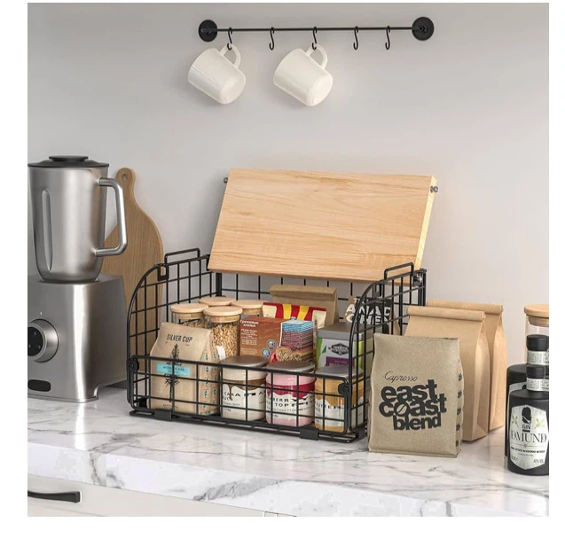 Black Wire Storage Basket with Wooden Top - photo 2