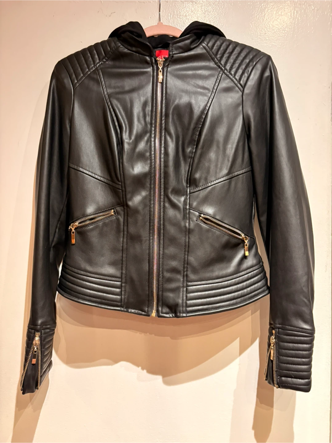 Guess Black Faux Leather Jacket with Hood