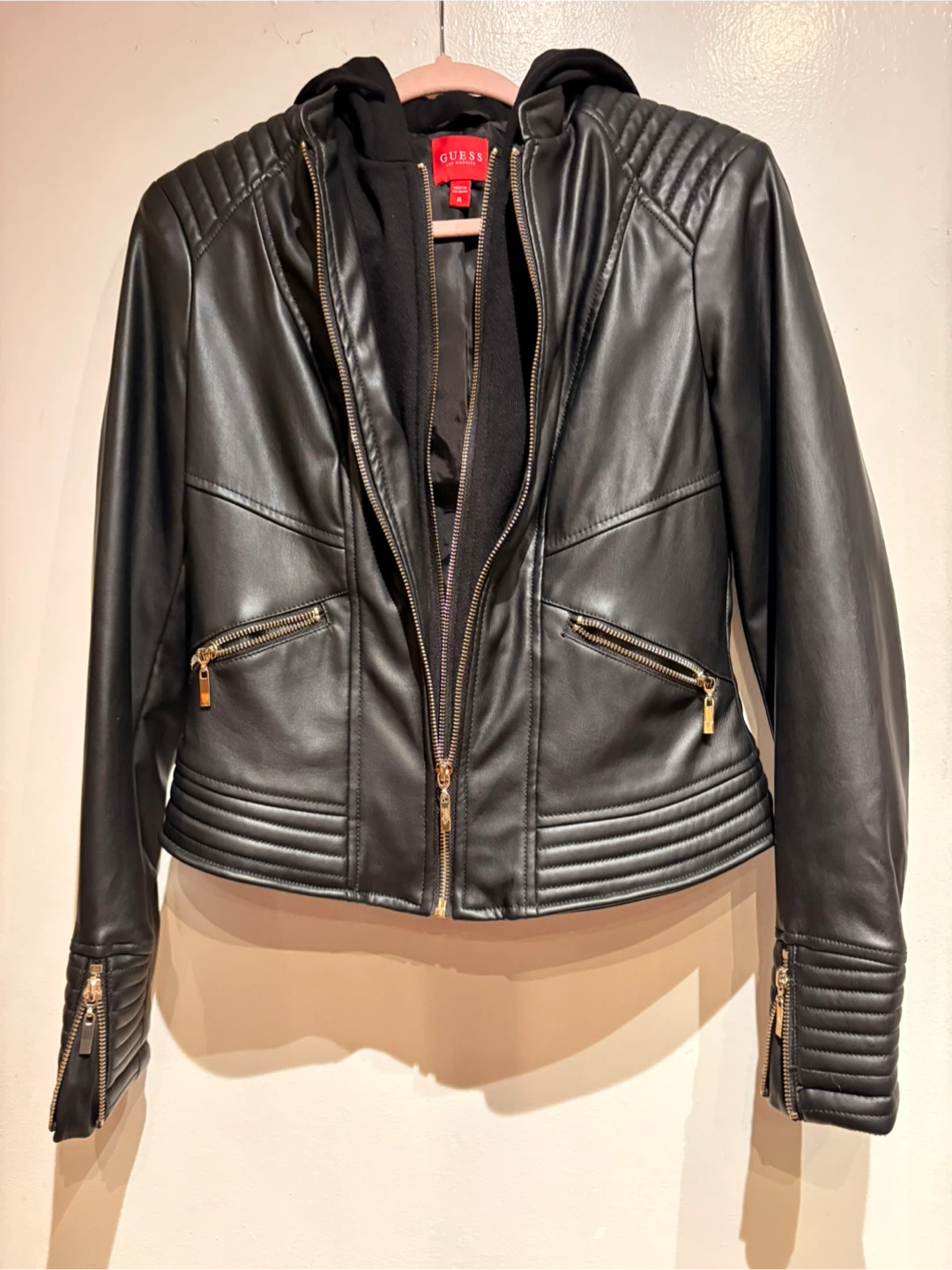 Guess Black Faux Leather Jacket with Hood - photo 2