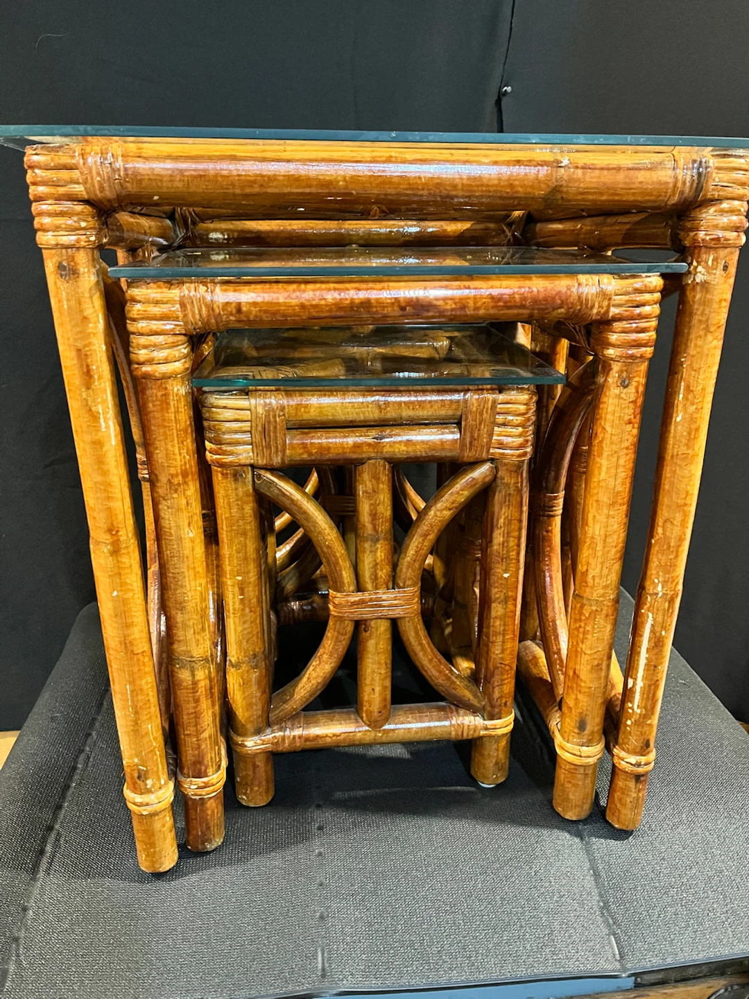 Vintage Rattan Nesting Tables with Glass Tops