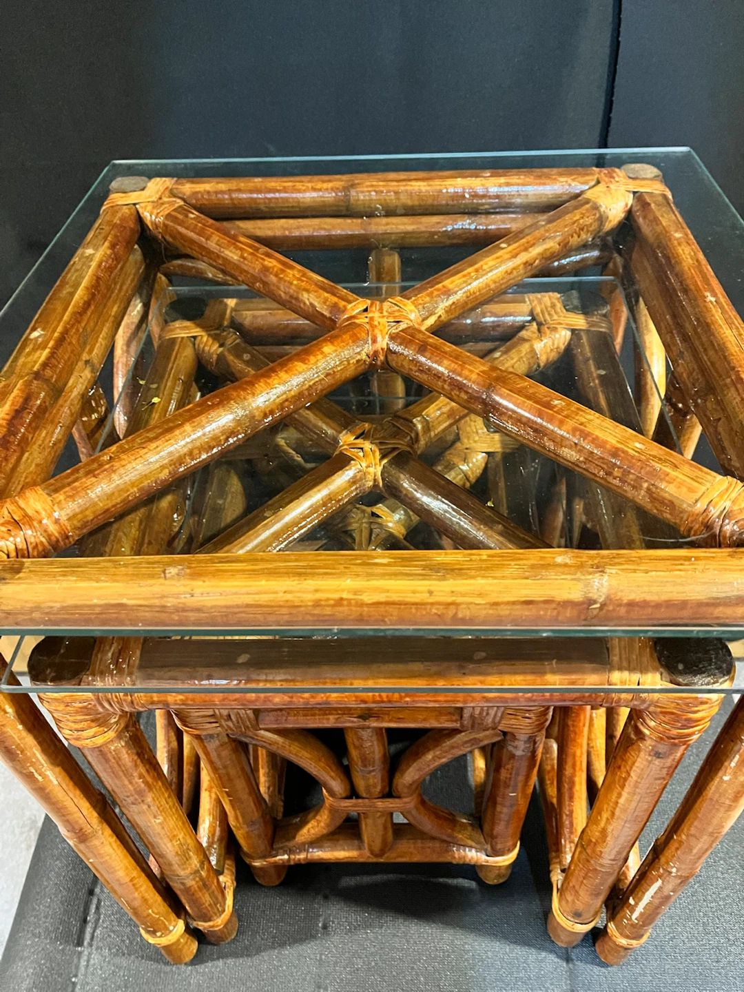 Vintage Rattan Nesting Tables with Glass Tops - photo 2