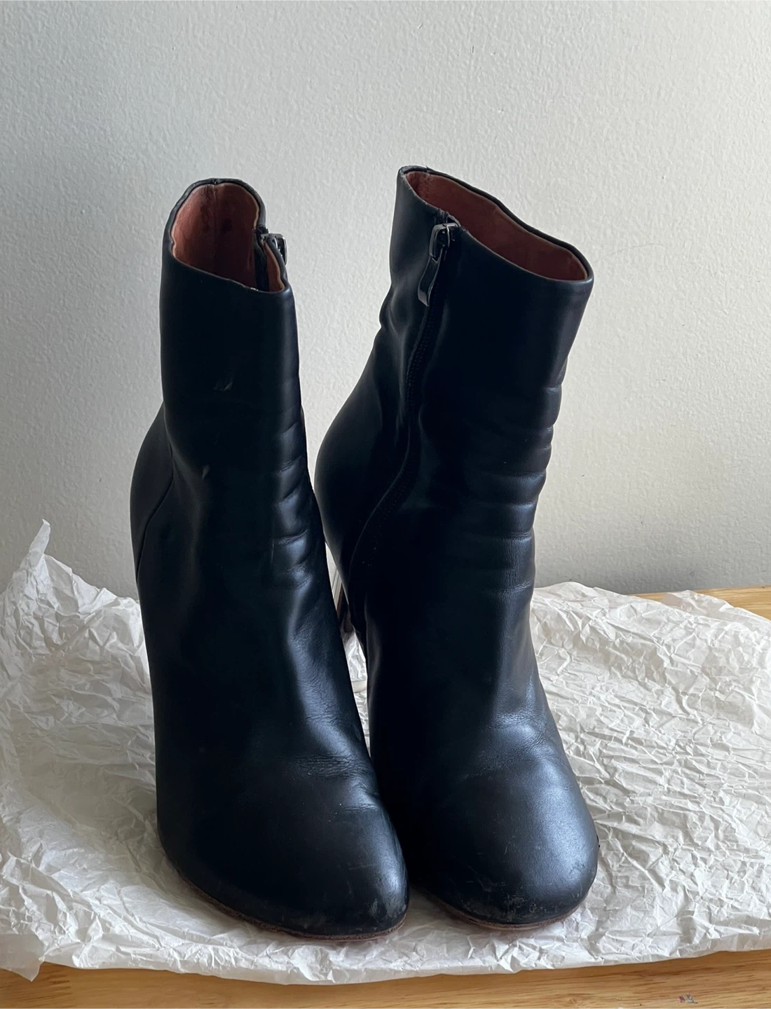Black Leather Ankle Boots with Silver Heels