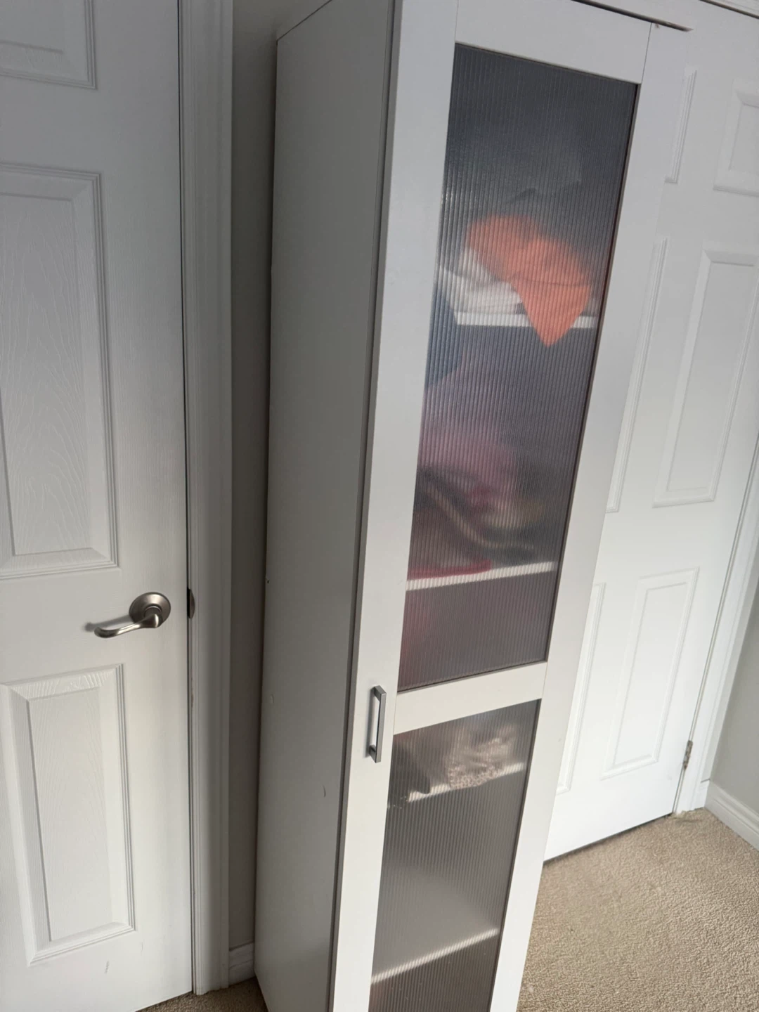 White IKEA Tall Cabinet with Fluted Glass Door