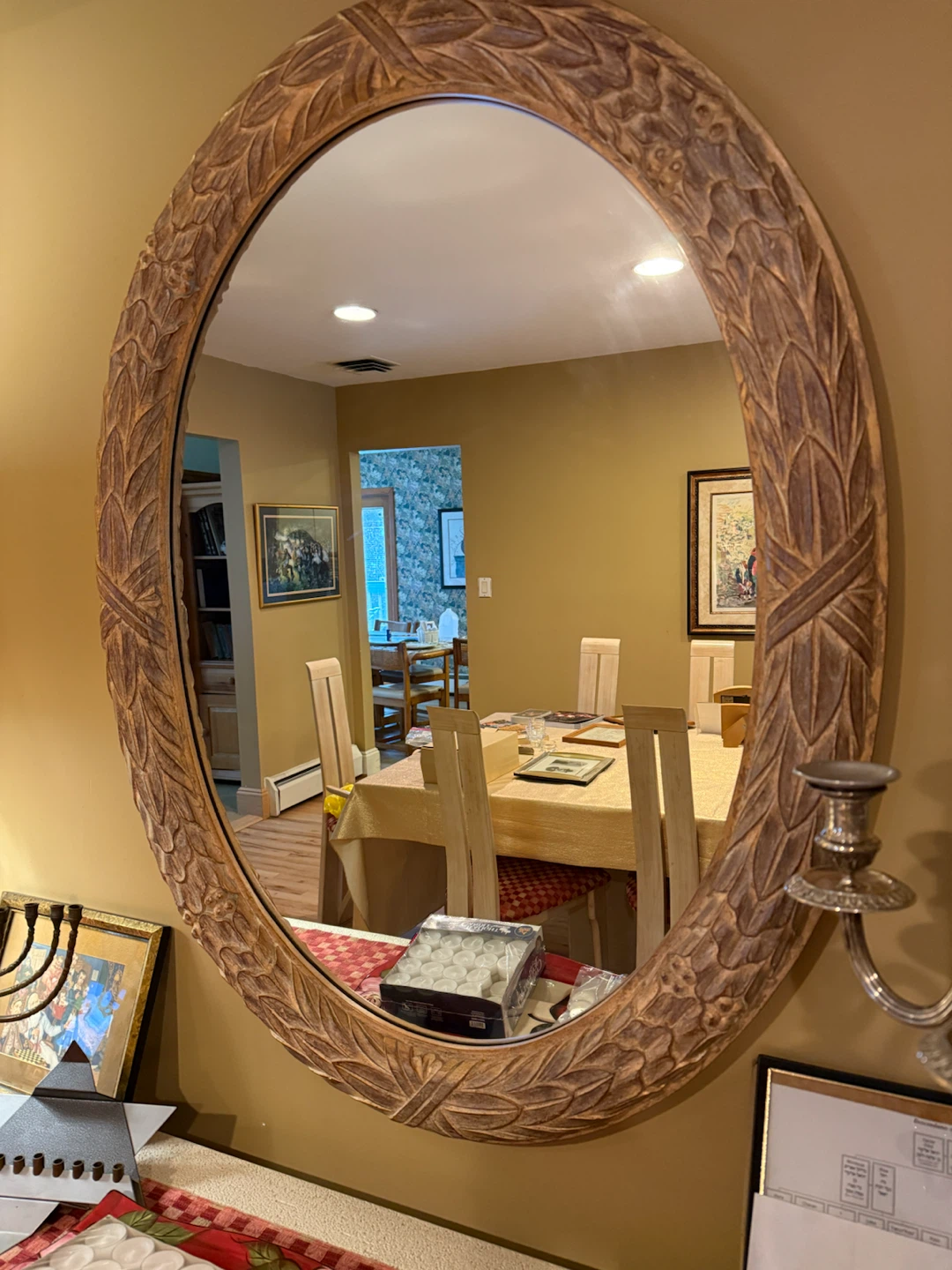 Oval Wall Mirror with Carved Wooden Frame