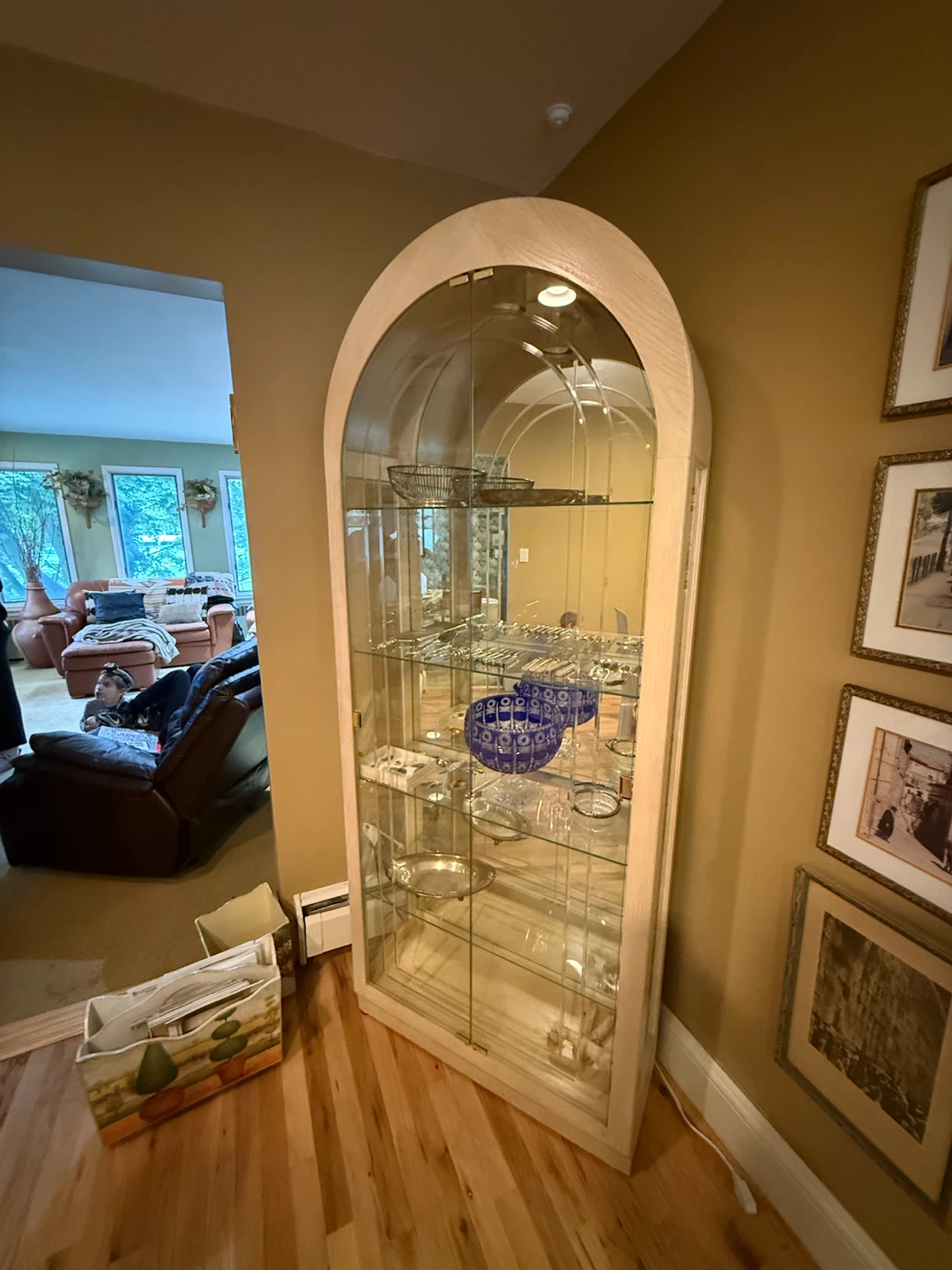 Arched Light Wood Display Cabinet with Glass Doors