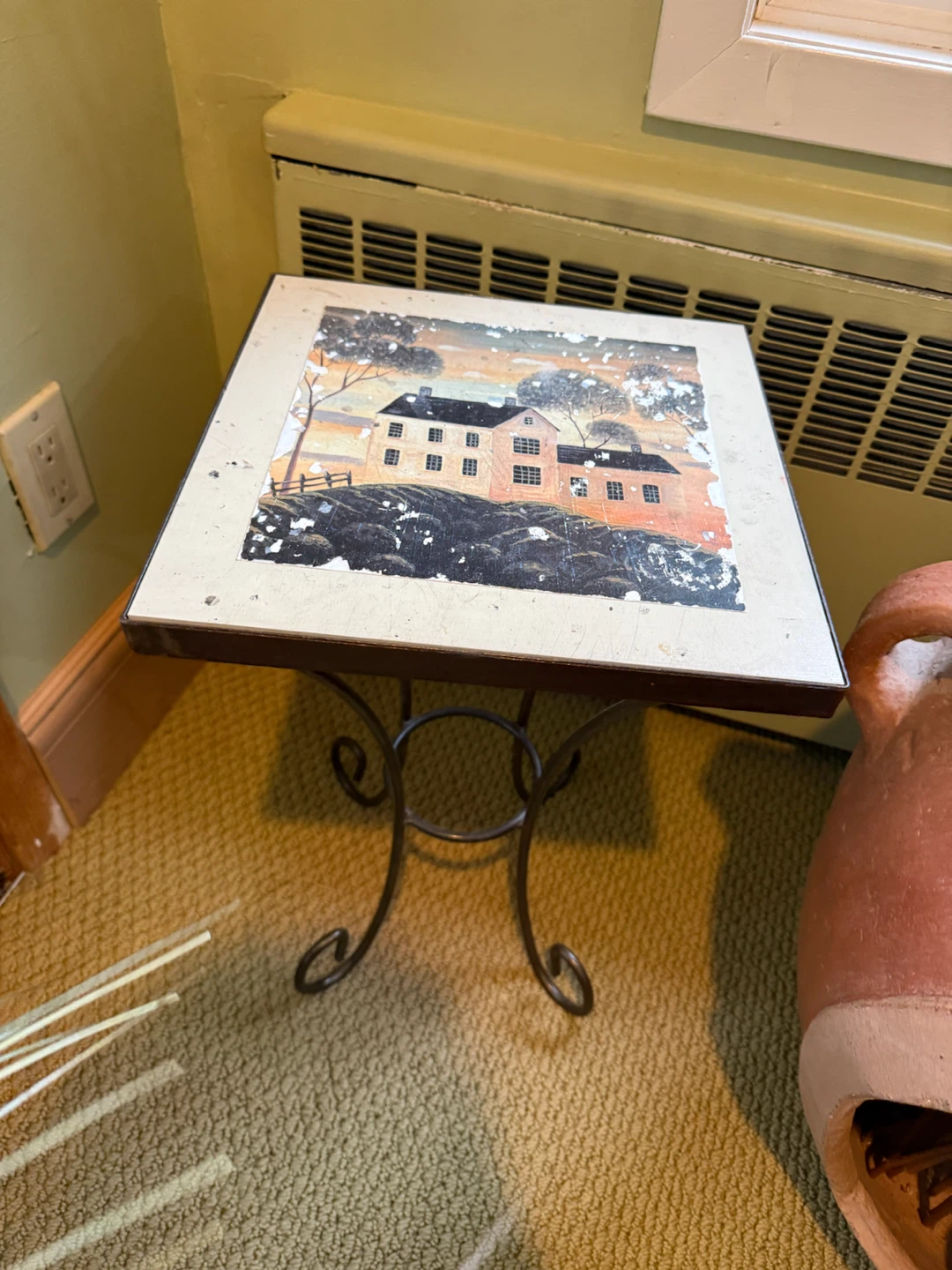 Vintage Metal Side Table with House Print Top