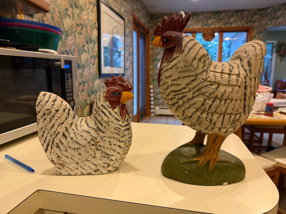 Set of two decorative wooden rooster figurines
